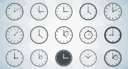 Collection of vector clock designs with various time and style variations on a background
