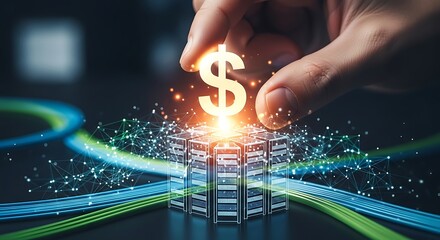 A hand placing a glowing dollar sign on top of a futuristic server cube, symbolizing digital finance, investment growth, and the power of technology in modern business