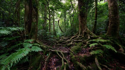 An enchanting forest scene featuring towering trees with exposed roots, surrounded by lush ferns and greenery, creating a serene and captivating atmosphere in this natural woodland environment
