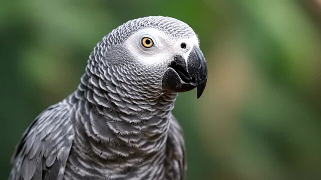 Close-up of a majestic African Grey Parrot with striking grey feathers and intelligent eyes, captured in a natural setting.