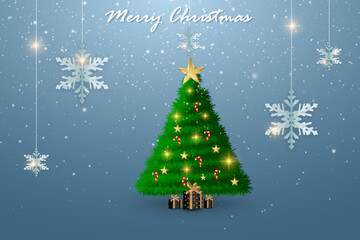 Merry Christmas and Happy New Year Background with Decorated Tree and Snowfall