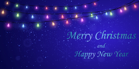 Christmas tree with lights and gifts on blue background