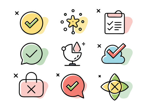 Various Graphical Icons Representing Status And Actions In A Clean Style