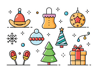 Festive Christmas Icons Joyfully Spread Holiday Cheer In Colorful Cartoon Style