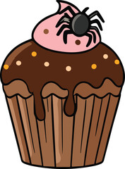 Halloween cupcake with spider decoration, spooky dessert illustration, festive sweet treat artwork, cartoon bakery design, holiday party food vector drawing