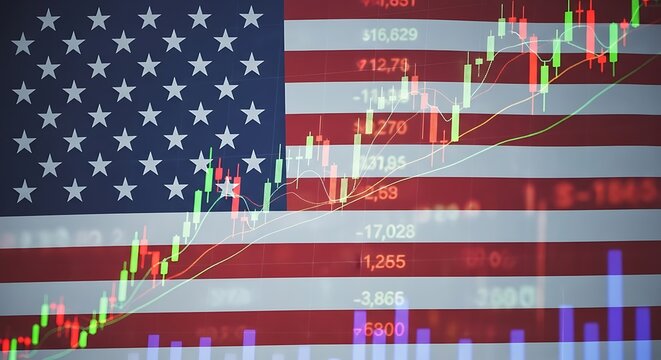 American Economy - Stock Market Trends and National Flag.