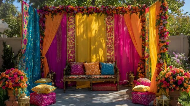 Outdoor Punjabi wedding celebration with phulkari decor, bright colors, vibrant backdrops and traditional props