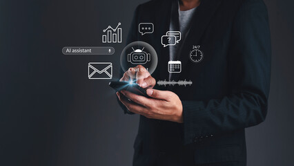 AI assistant chatbot technology. Businessman holding smartphone virtual screen. Business automation, customer support, 24/7 service. Data analysis graph, digital communication concept.