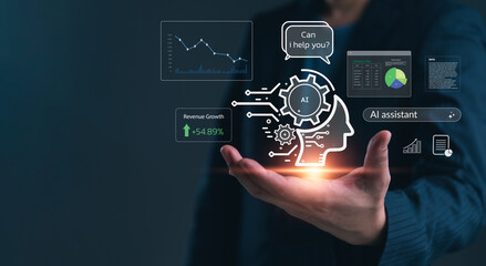 AI assistant for business analysis, man holding virtual interface with data chart, revenue growth. Technology concept financial analytics, customer service support, and strategic management solution.