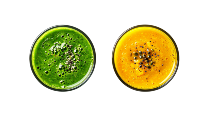  Dual natural smoothie variations in glasses isolated on transparent background