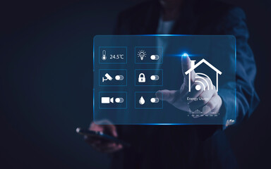 Smart home technology concept. Man control virtual interface dashboard, home automation system. IoT network, security camera, energy usage. Future house, digital technology, remote control.