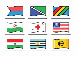 Collection Of Nine Diverse Country Flags Depicted In A Flat Cartoon Style