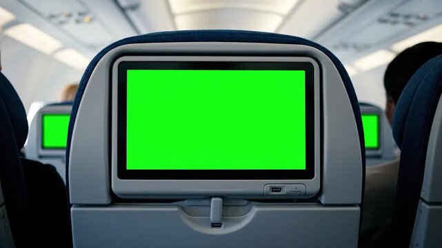 Airplane Seat Back Green Screen Display for In-Flight Entertainment Mockup.