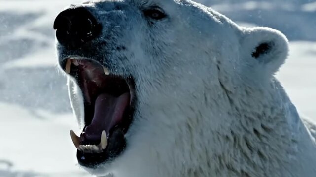 Powerful polar bear roaring in icy wilderness, showcasing raw strength