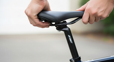 Closeup of hands adjusting a bicycle seat post, demonstrating bicycle maintenance and customization for a comfortable ride