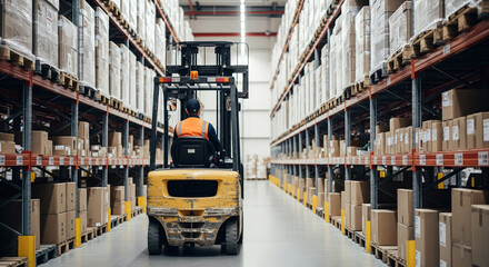 Forklift truck operating in a large warehouse aisle filled with tall shelves stacked with boxes, illustrating logistics and storage operations © Jahangir