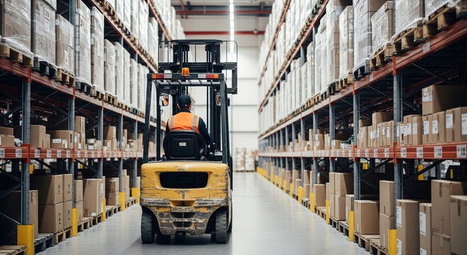 Forklift truck operating in a large warehouse aisle filled with tall shelves stacked with boxes, illustrating logistics and storage operations