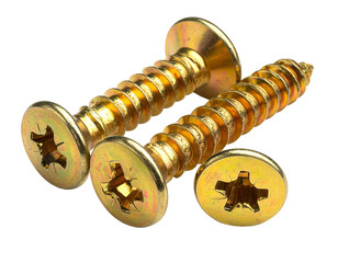 Three gold-colored screws with Phillips head, sharp tip, on black background