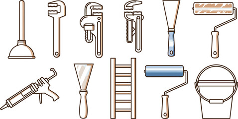 Essential Plumber and Painter Tools Illustration: Renovating Home with Plunger, Wrench, Putty Knife, Ladder, Paint Roller & Bucket for DIY Projects, Construction Maintenance and Repair, Home Improveme