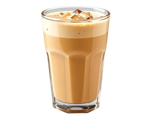 Tall glass filled with iced coffee, topped with foam and ice cubes, on black