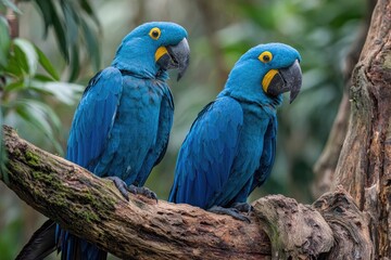 Obraz premium Two majestic blue parrots with yellow eye patches sit on an old textured tree branch