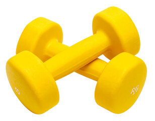 Two bright yellow weights are crossed on a dark backdrop, perfect for fitness