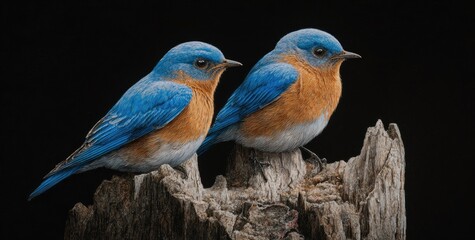 Obraz premium Two vibrant blue and orange songbirds perch on a weathered tree stump