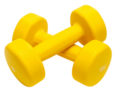 Two bright yellow weights are crossed on a dark backdrop, perfect for fitness