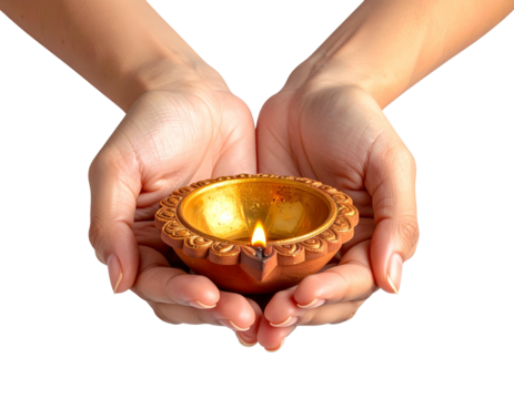 Two hands cradle a small clay lamp with a flickering flame, warm glow