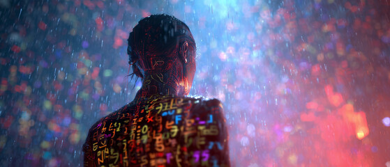Cyborg woman: rear view close-up showing red circuit patterns under the skin and glowing code symbols on the body, standing in a digital, colorful light rain.