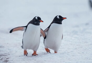Naklejka premium Two cheerful penguins waddle through a snowy landscape, appearing to hold flippers