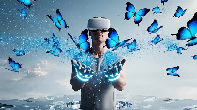 Man in Vr Headset Interacting With Virtual Elements and Butterfly Effect