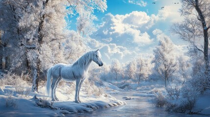 White horse stands near stream in winter woods, sun shining through clouds, landscape