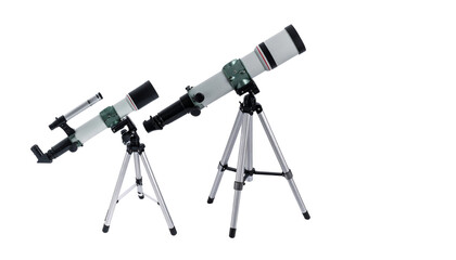 Dual telescope designs on tripods isolated on white background