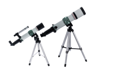 Dual telescope designs on tripods isolated on white background