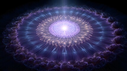 Glowing abstract fractal mandala pulsates with violet and blue light.
