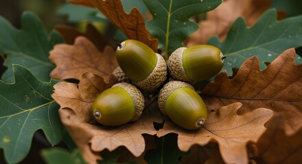 Close-up of four acorns nestled amidst fallen brown and green oak leaves