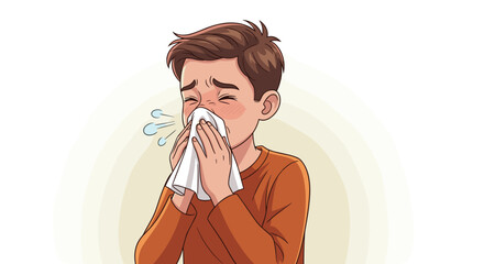 Cartoon Boy Sneezing into Tissue with Cold Symptoms, Seasonal Allergies, or Influenza in Healthcare Setting, Illustrating Sickness, Contagious Disease & Medical Condition for Education & Awareness Cam