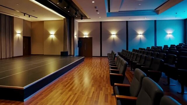 Modern seminar hall with sleek stage, wooden flooring, and ambient lights