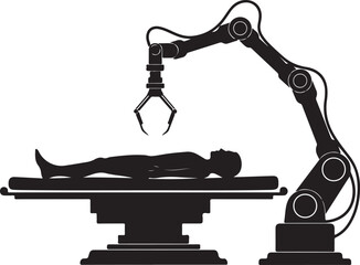 Futuristic Surgery Concept with Robotic Arm and Human Silhouette on Operating Table in Black and White