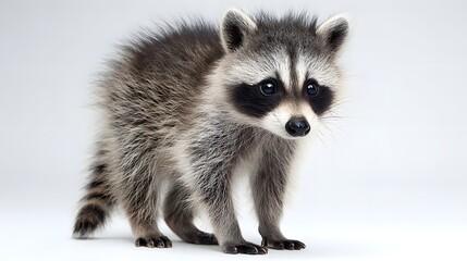 Obraz premium Small raccoon with distinctive mask stands on a clean white background.