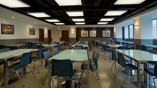 University cafeteria with modern furniture, open plan, and bright lighting