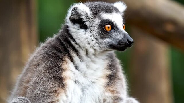 Close-up of a Ring-tailed Lemur with Bright Orange Eyes Looking Directly at the Camera.