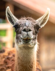 Fototapeta premium Close-up of a llama looking at the camera. Its fur is tan and brown. Blurry background