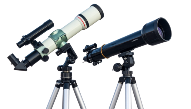 Pair of astronomical telescopes with tripods isolated on white background