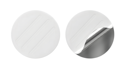 Two white circular objects with small dots, one with a peeling corner revealing a metallic surface, isolated on transparent background