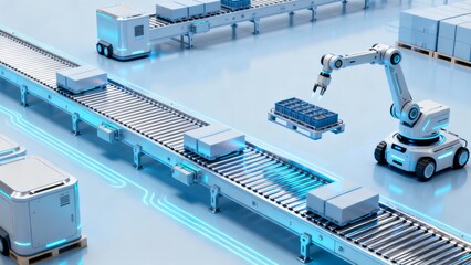 A high-intelligence logistics transportation system with a super futuristic, mechanized automation, and a fresh light blue color scheme.