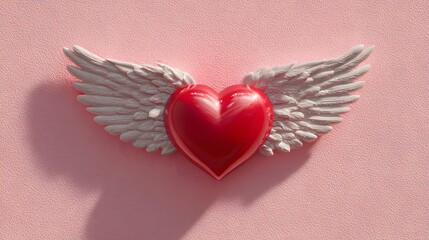 Red heart with white wings on a pink textured surface.