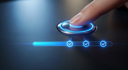 A finger presses a glowing button on a sleek, dark surface, activating a progress bar with three checkmarks, symbolizing completion, success, and the achievement of goals