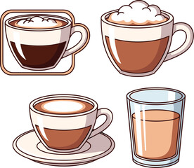 Obraz premium Diverse Coffee Drinks Arrangement: Hot Beverages for Cafes, Restaurants, & Home Use – Featuring Cappuccino, Espresso, Latte, Milk Drink – Perfect for Menu Illustrations, Culinary Designs, or Food-Rela